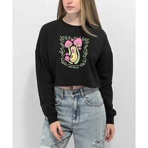 Hippie Mushroom Sweatshirt Medium Black Graphic Cropped Happy Trip Stoner